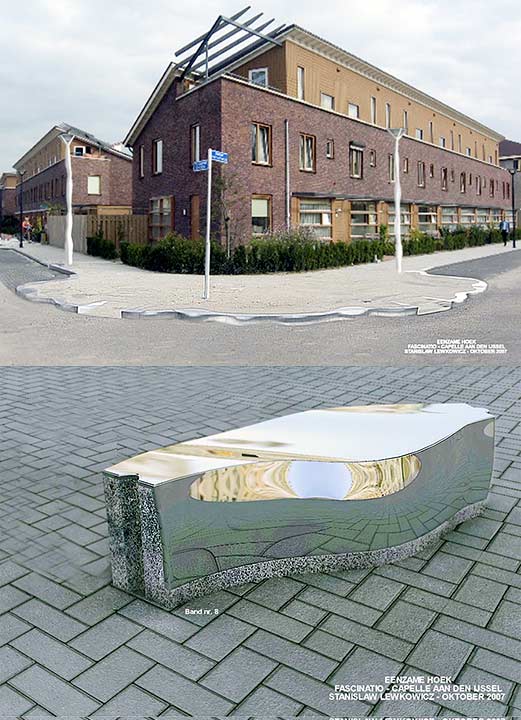 Eenzame hoek, defintief ontwerp, rvs met ionbond, beton, 2 lichtmasten en 2 armaturen, Capelle aan den Ijssel, 2007_collage.